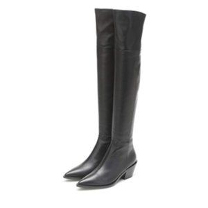 FSJ Black Casual Thigh High Tall Boots Chunky Low Heel Over The Knee Booties